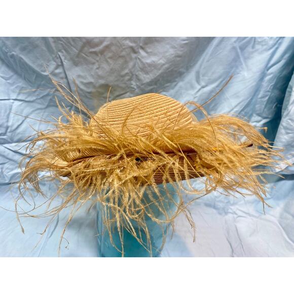 Luci Ames Handcraft Tan Wicker Hat w Ostrich Hat - Picture 2 of 13